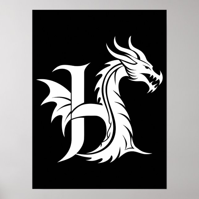 Affiche Lettre H de style dragon, alphabet du dragon, mono (Devant)