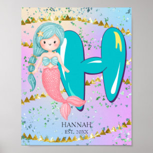 Affiche Lettre H Monogramme Aquarelle mignonne Sirène