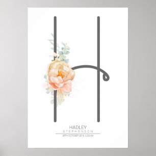 Affiche Lettre H Monogramme Brosse Pêche Florale Décor