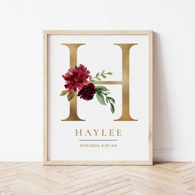 Affiche Lettre H Monogramme Nom Marsala Floral Nursery (Créateur téléchargé)