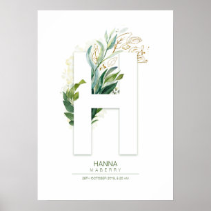 Affiche Lettre H Monogramme Or Vert Feuillage Chic