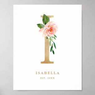 Affiche Lettre I Blush Floral Monogram Gold Foil Nursery