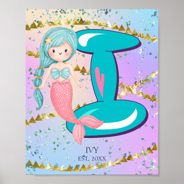 Affiche Lettre I Monogramme Aquarelle mignonne Sirène (Devant)