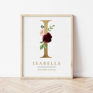 Affiche Lettre I Monogramme Nom Marsala Floral Nursery