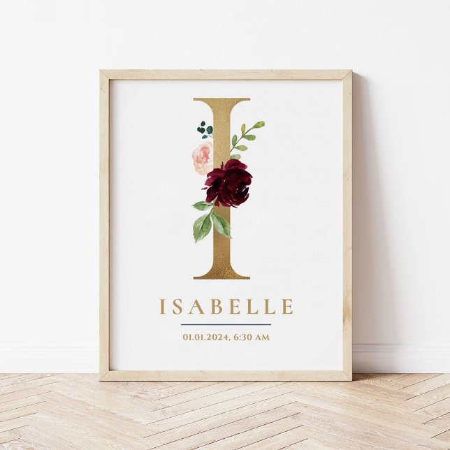 Affiche Lettre I Monogramme Nom Marsala Floral Nursery (Créateur téléchargé)