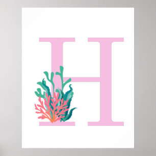 Affiche Lettre initiale H Monogramme rose Turquoise Corail