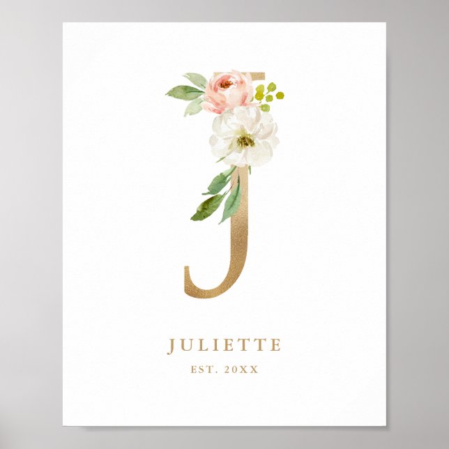 Affiche Lettre J Blush Floral Monogram Gold Foil Nursery (Devant)