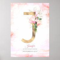 LETTRE J Feuilles d'or Monogramme rose Magnolia Fl