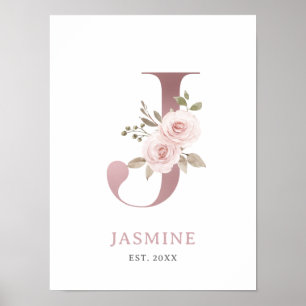 Affiche Lettre J Monogram Rose d'aquarelle Florals Nursery