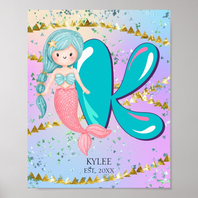 Affiche Lettre K Monogramme Aquarelle mignonne Sirène (Devant)