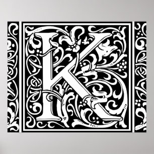 Affiche Lettre K Monogramme Art Nouveau Médiéval