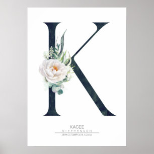 Affiche Lettre K Monogramme Fleurs blanches et verdure