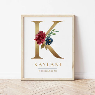 Affiche Lettre K Monogramme Nom Marsala Floral Nursery