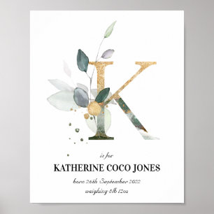 Affiche Lettre K Nouveau bébé Monogramme Naissance Imprime