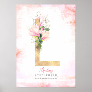 Affiche LETTRE L Feuilles d'or Monogramme rose Magnolia Fl