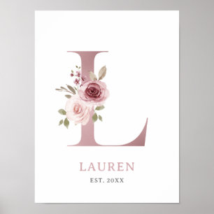 Affiche Lettre L Monogram Aquarelle Rose Florals Nursery