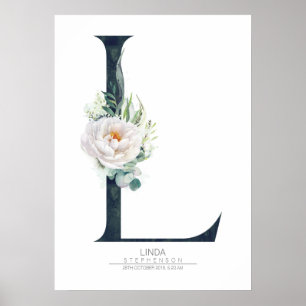 Affiche Lettre L Monogramme Fleurs blanches et verdure