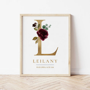 Affiche Lettre L Nom du monogramme Marsala Floral Nursery