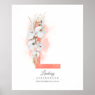 Affiche Lettre L Orchidées blanches Monogrammes et laiton 