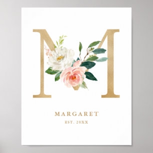 Affiche Lettre M Blush Floral Monogram Gold Foil Nursery
