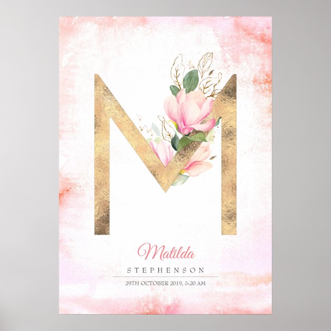 Affiche Lettre M Monogramme Feuille d'or rose Magnolia Flo (Devant)