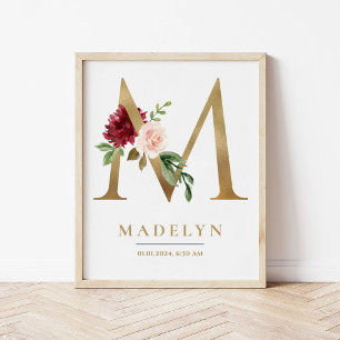 Affiche Lettre M Monogramme Nom Marsala Floral Nursery