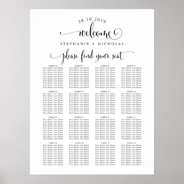 Affiche Lettre main Welcome Chic Mariage Sein Chart (Devant)