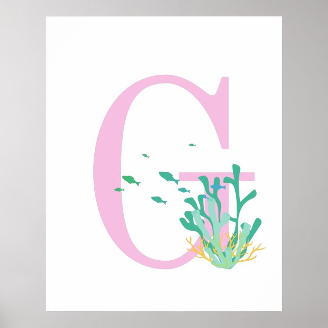 Affiche Lettre Monogram G Rose Turquoise Corail Poisson Af (Devant)