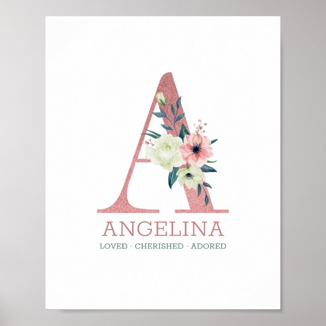 Affiche Lettre monogramme A Aquarelle rose Florale Nursery (Devant)