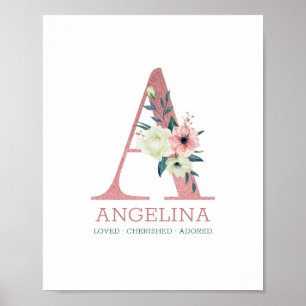 Affiche Lettre Monogramme A Rose Fleurs Aquarelle Nursery