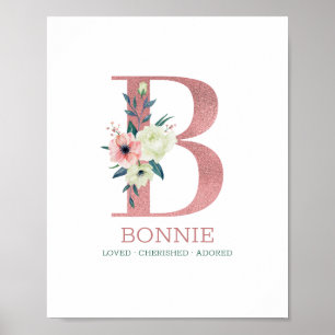 Affiche Lettre monogramme B Aquarelle rose Floral Nursery