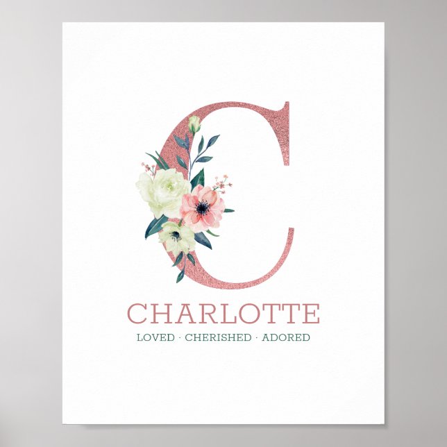Affiche Lettre monogramme C Aquarelle rose Floral Nursery (Devant)