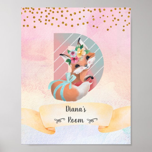 Affiche Lettre monogramme D Baby Fox Girl Rose Nursery Dec (Devant)