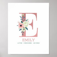 Lettre monogramme E Aquarelle rose Floral Nursery