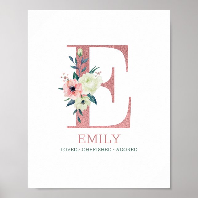 Affiche Lettre monogramme E Aquarelle rose Floral Nursery (Devant)