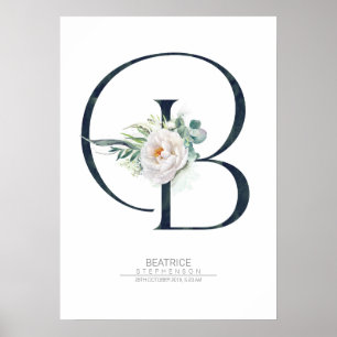 Affiche Lettre Monogramme Fleurs Blanches et Feuillage
