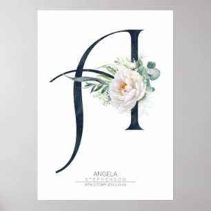 Affiche Lettre Monogramme Fleurs blanches et verdure