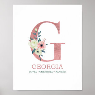 Affiche Lettre monogramme G Aquarelle rose Floral Nursery