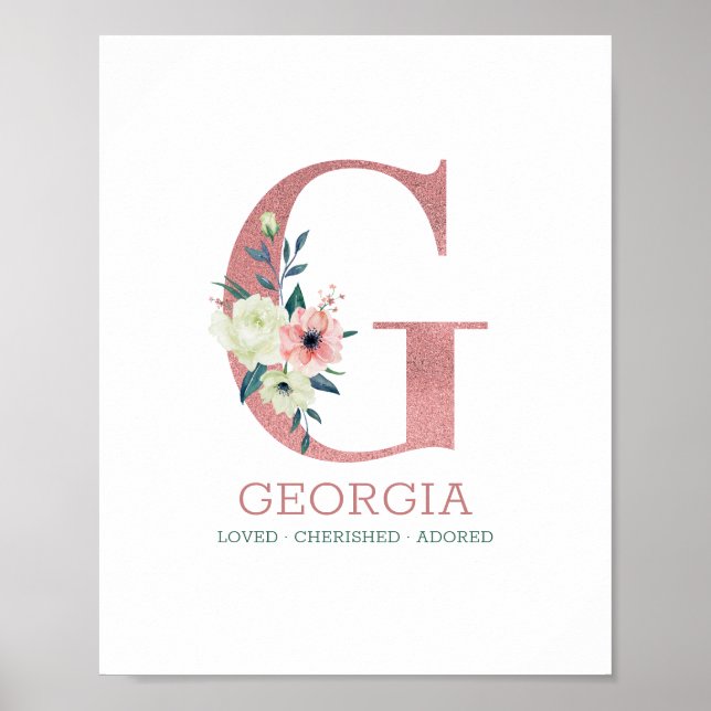 Affiche Lettre monogramme G Aquarelle rose Floral Nursery (Devant)