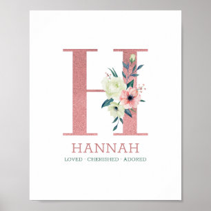 Affiche Lettre monogramme H Aquarelle rose Floral Nursery