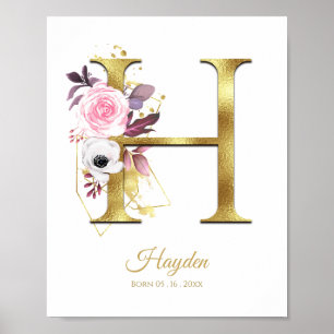 Affiche Lettre monogramme H Pétrole or & Pépinière rose fl