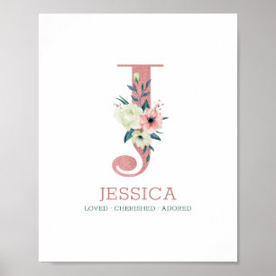 Affiche Lettre monogramme J Aquarelle rose Floral Nursery