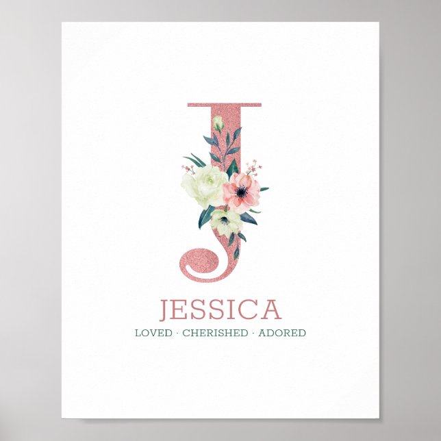 Affiche Lettre monogramme J Aquarelle rose Floral Nursery (Devant)
