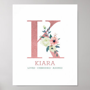 Affiche Lettre Monogramme K Fleurs Aquarelle Rose Pour La
