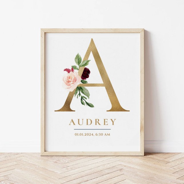 Affiche Lettre Monogramme Nom Marsala Floral Nursery (Créateur téléchargé)