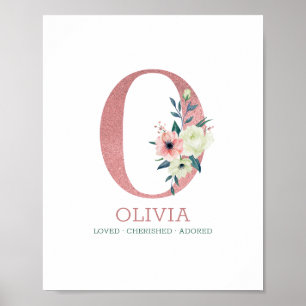 Affiche Lettre Monogramme O Rose Fleurs Aquarelle Nursery