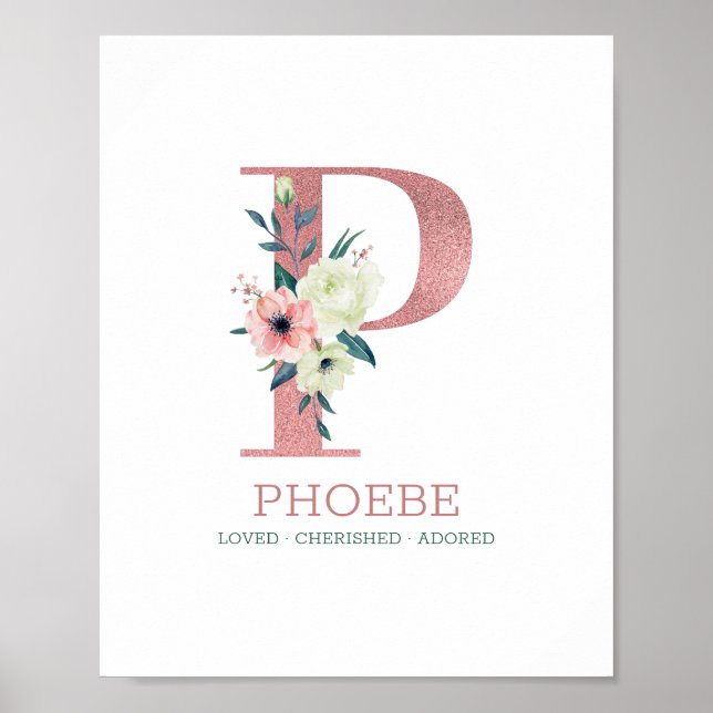 Affiche Lettre monogramme P Aquarelle rose Floral Nursery (Devant)