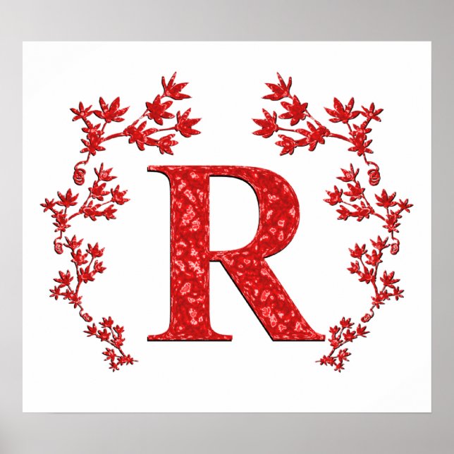 Affiche Lettre monogramme R Feuilles rouges (Devant)