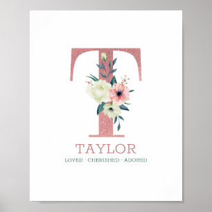 Affiche Lettre Monogramme T Rose Fleurs Aquarelle Nursery