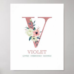 Affiche Lettre monogramme V Aquarelle rose Floral Nursery